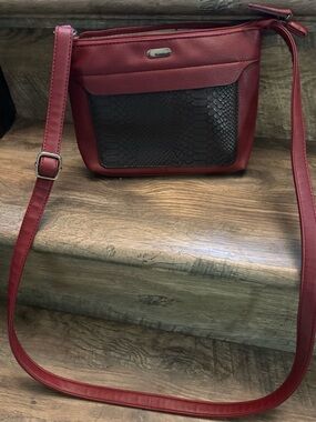 Red Crossbody Bag with Black Snakeskin Accent